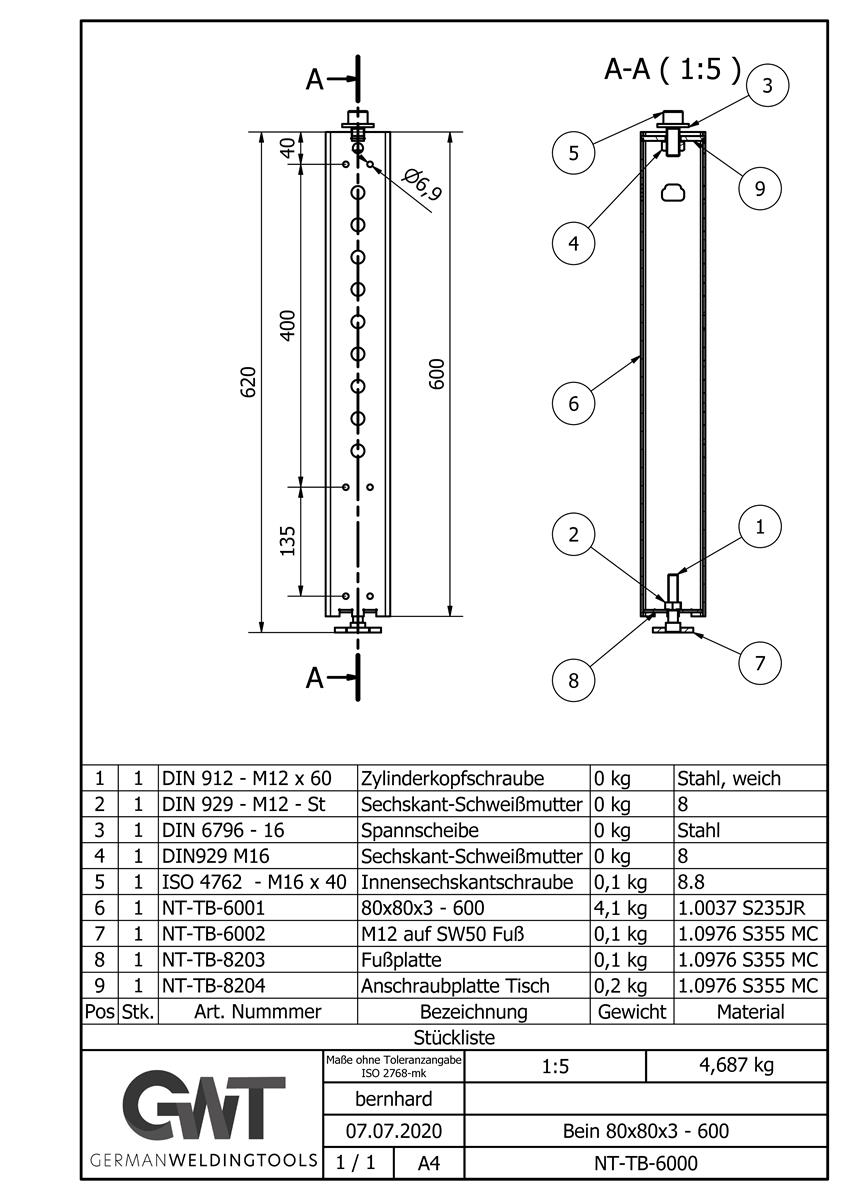 Bein 80x80x3 - 600 (4x) Bausatz