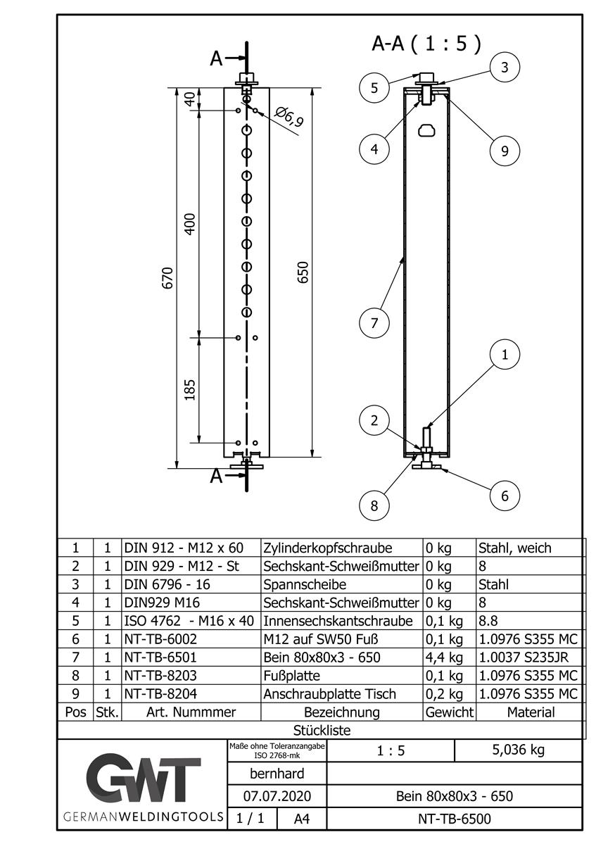 Bein 80x80x3 - 650 (4x) Bausatz