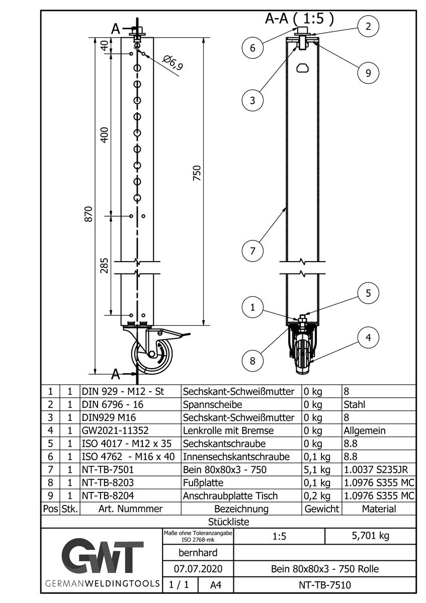 Bein 80x80x3 - 750 Rolle (4x) Bausatz