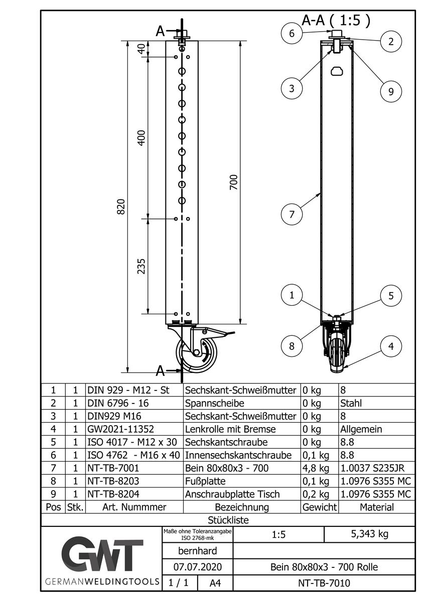 Bein 80x80x3 - 700 Rolle (4x) Bausatz