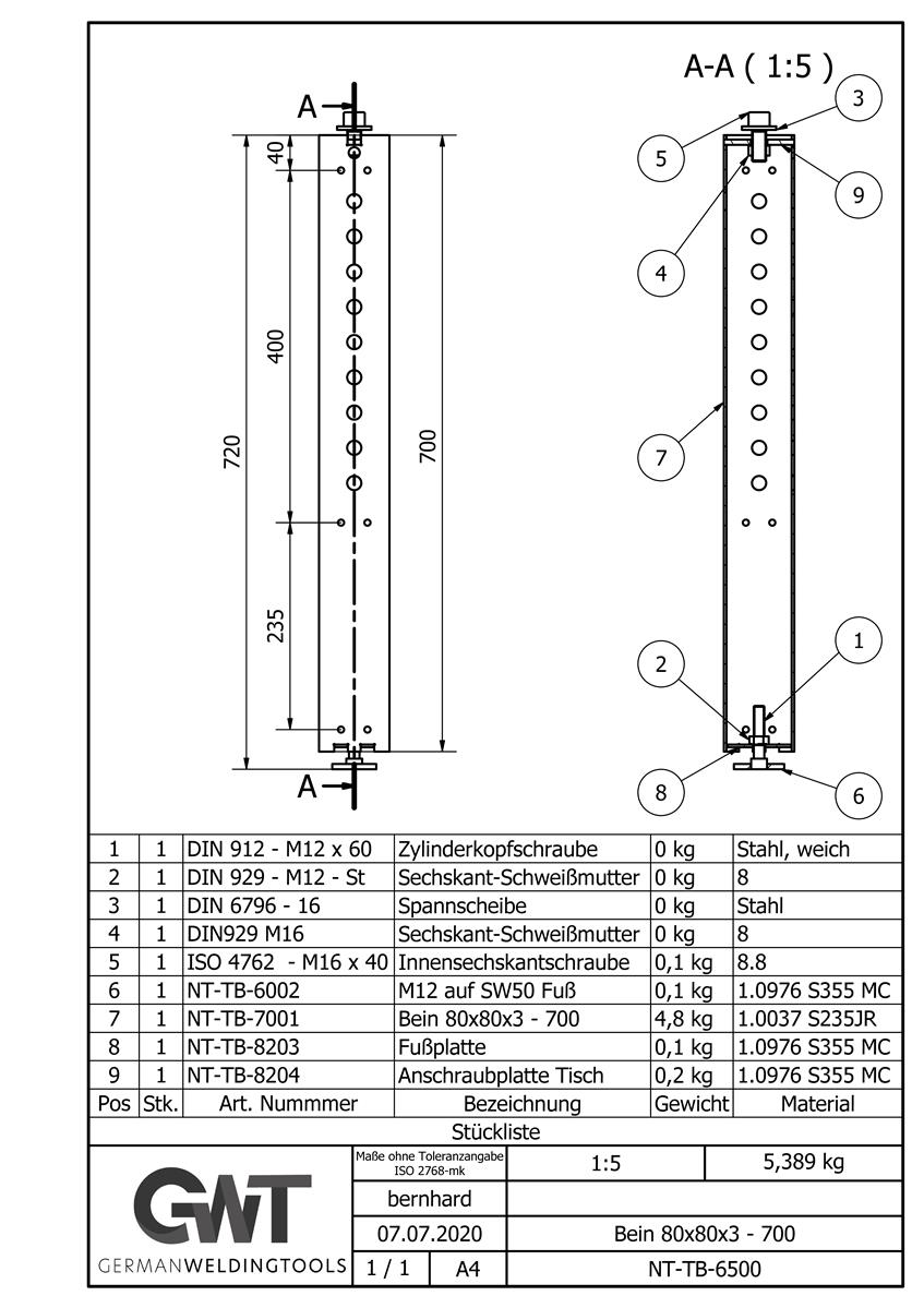 Bein 80x80x3 - 700 (4x) Bausatz