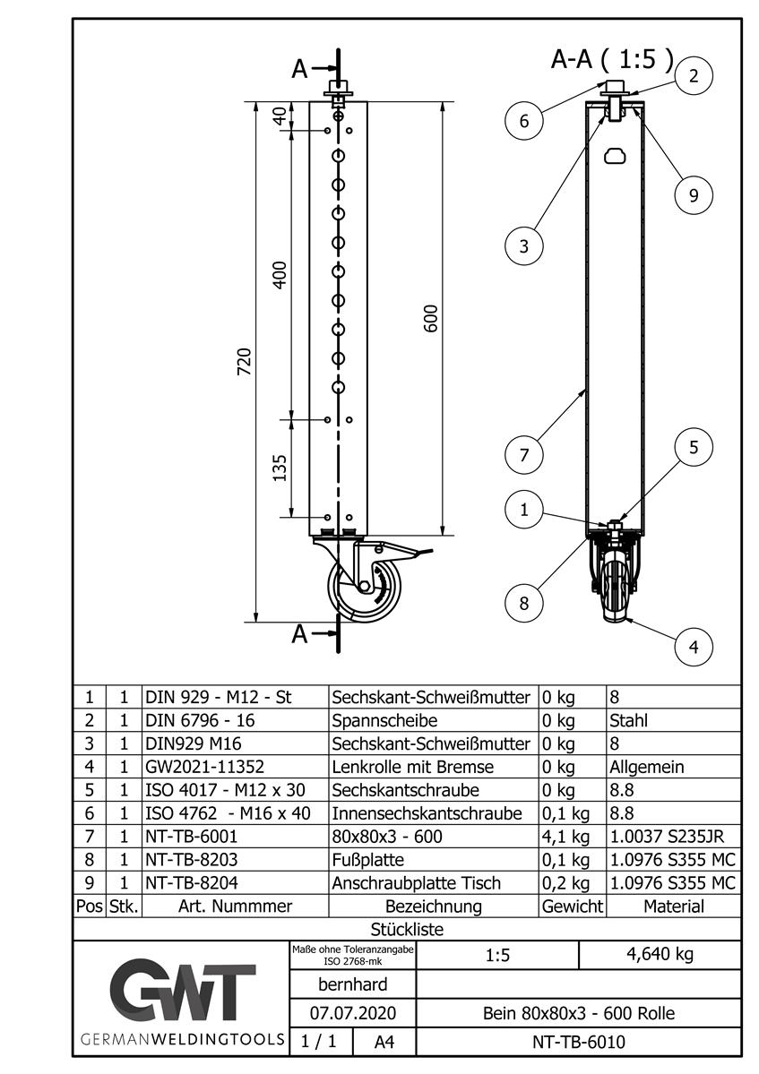 Bein 80x80x3 - 600 Rolle (4x) Bausatz